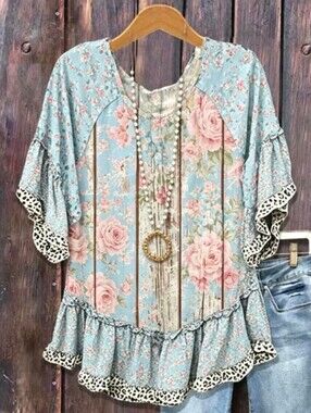 Various Sizes-floral patchwork boho blouse with ruffle hem & leopard print- NWT